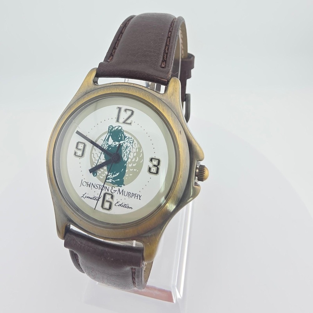 Vtg 1990s FOSSIL Mens Golf Watch Johnston & Murphy Brown Leather Bronze Tone 8"